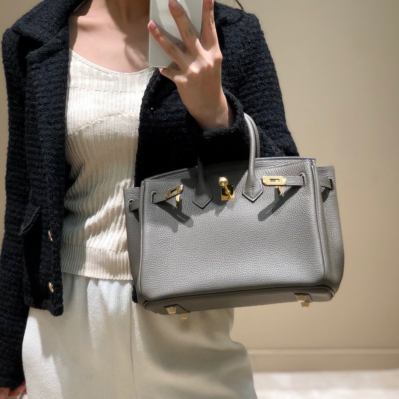 Women's First Layer Cowhide Lychee Pattern Gold Genuine Handbags