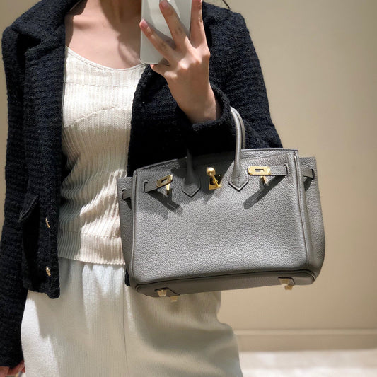 Women's First Layer Cowhide Lychee Pattern Gold Genuine Handbags