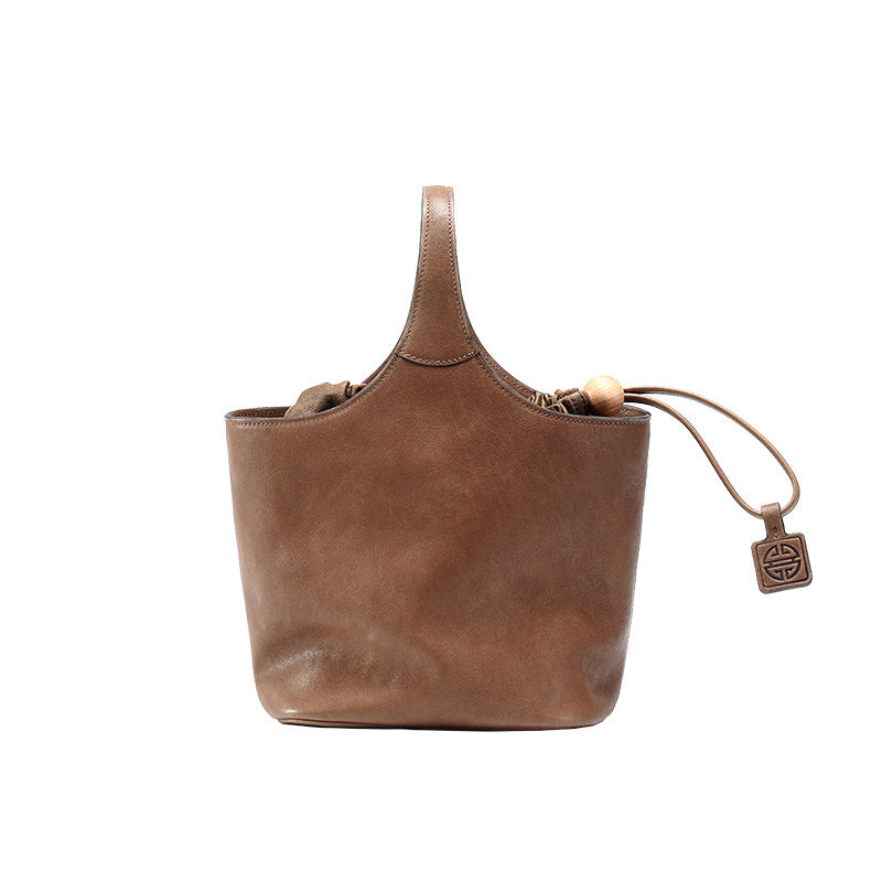 Women's Leather Vintage Genuine Flower Basket Commuter Bucket Bags