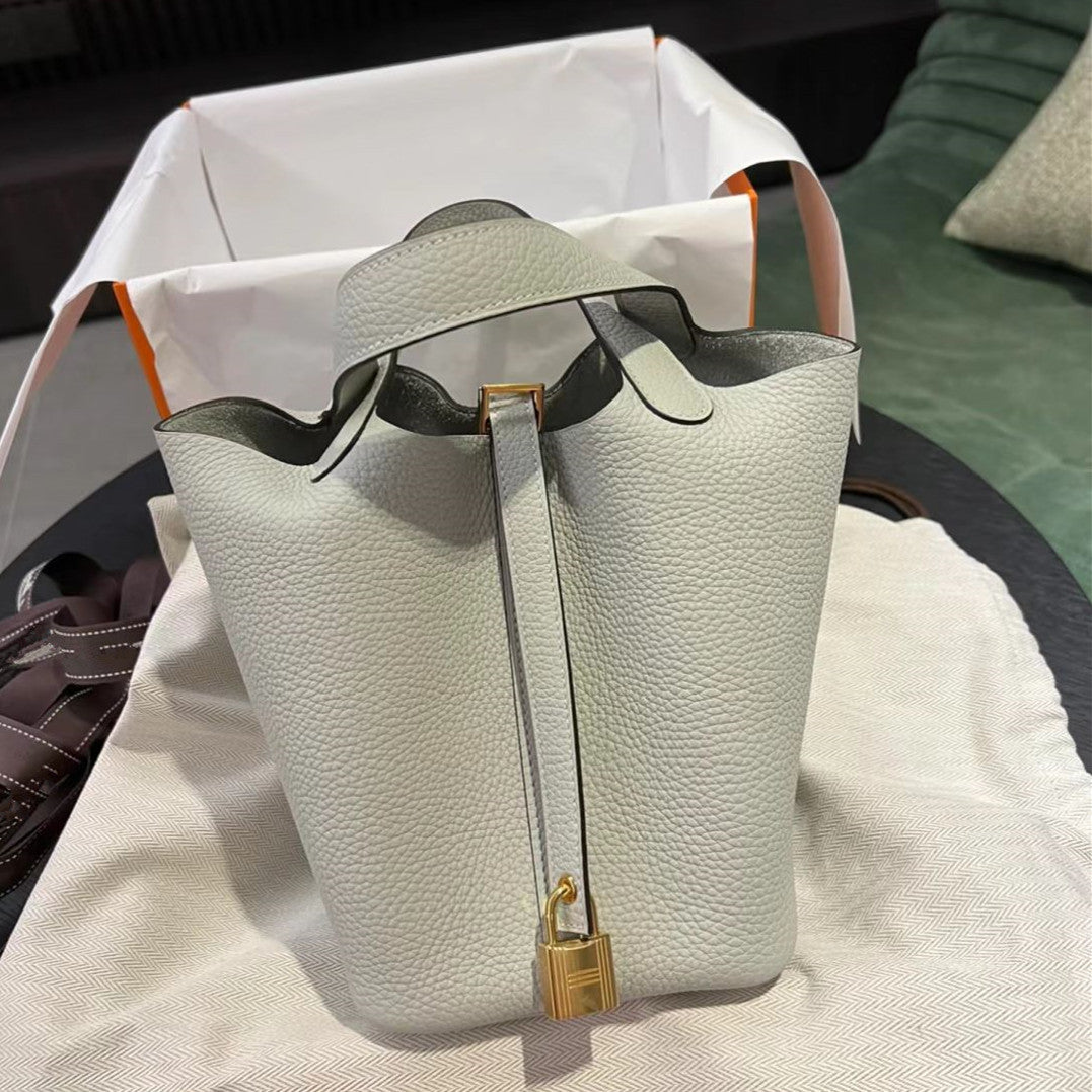 Women's Color Matching Vegetable Basket Genuine Leather Litchi Pattern Handbags