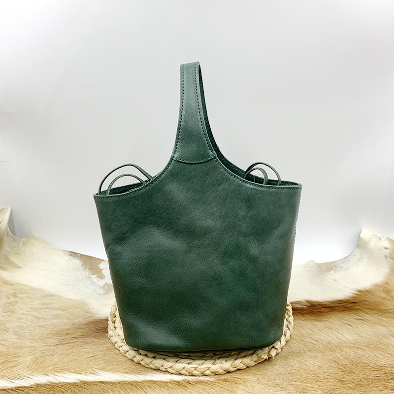 Women's Layer Cowhide Vintage Flower Basket Vegetable Handbags