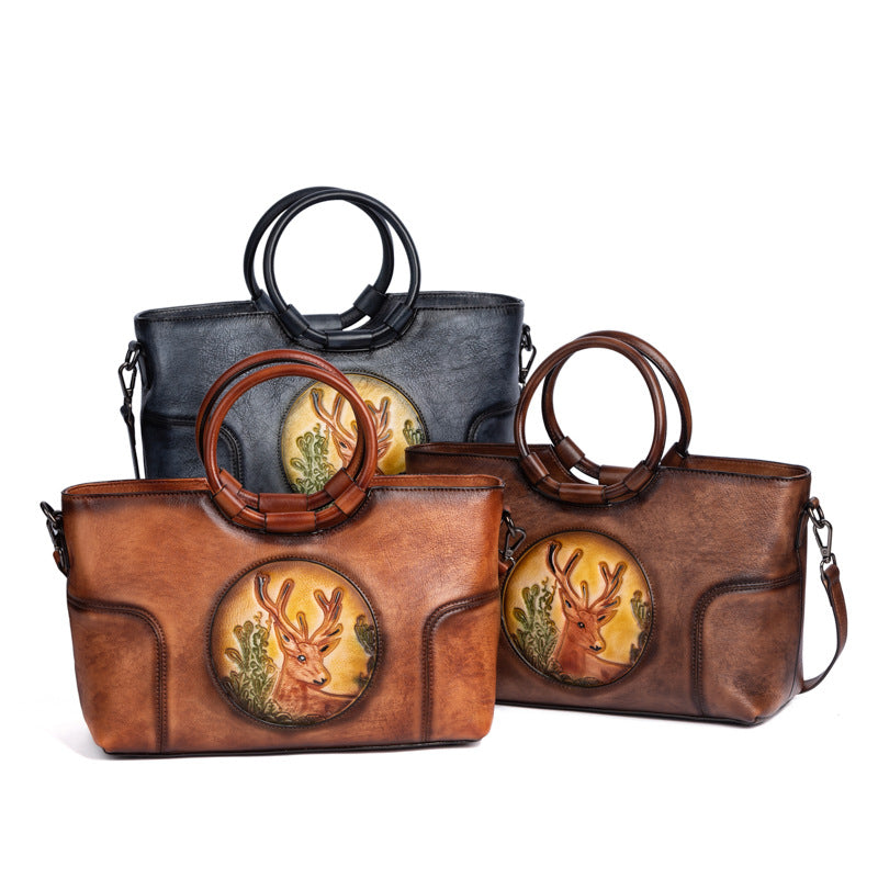 Women's Layer Cowhide Vintage Special Deer Head Handbags