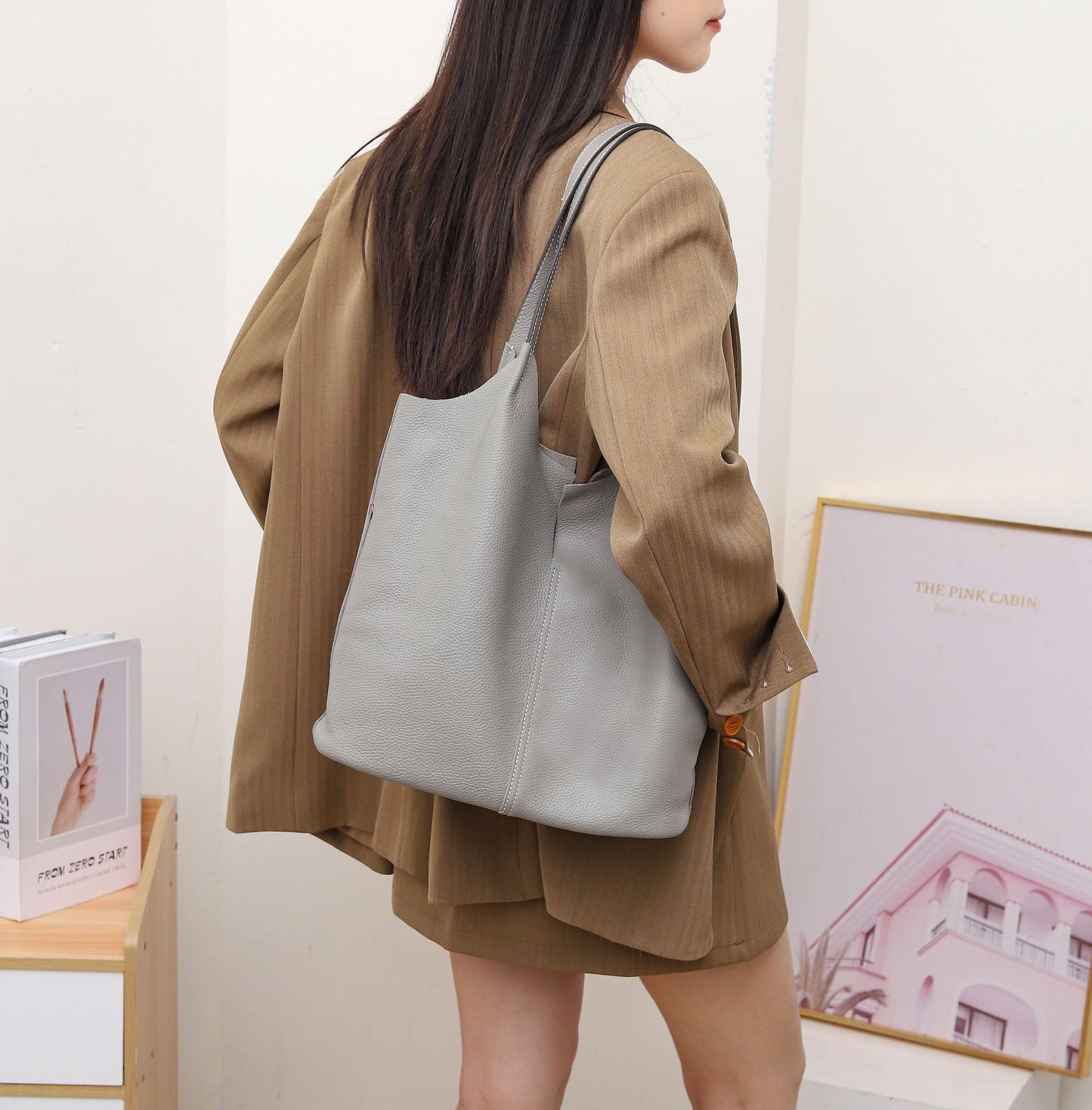 Big Litchi Pattern First Layer Cowhide Shoulder Bags