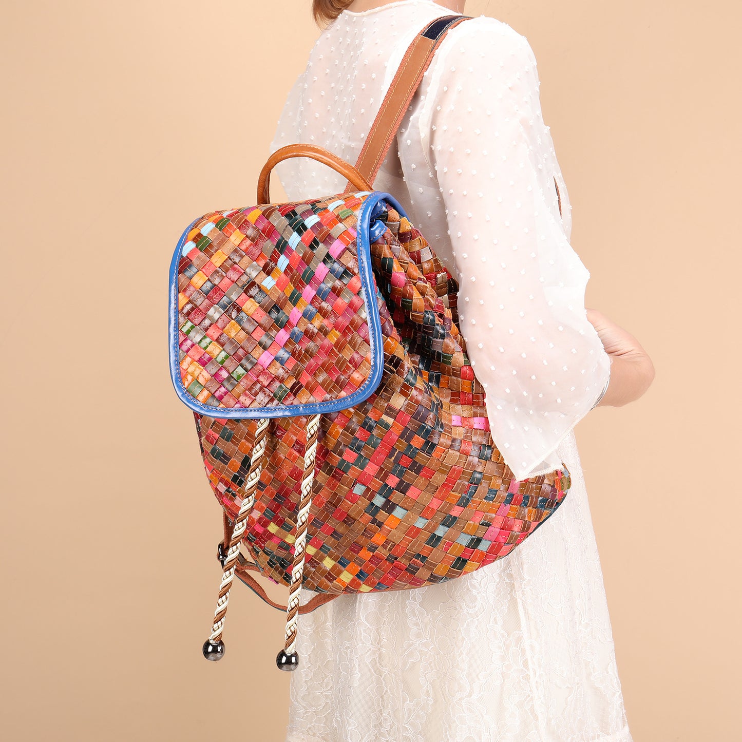 Women's Versatile Authentic Leather Weave Handmade Backpacks