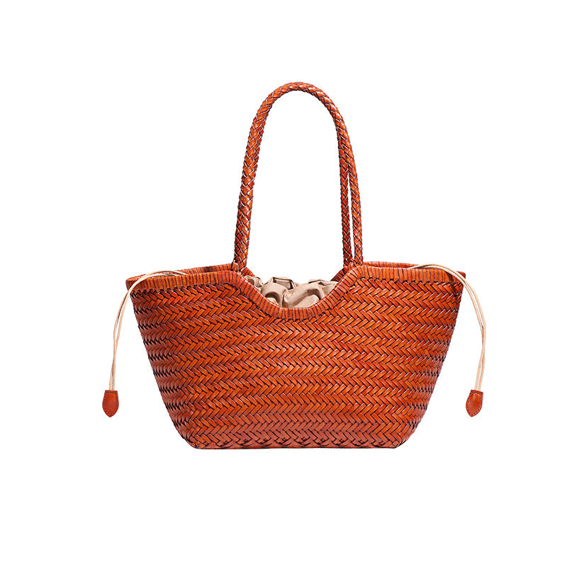 Retro Vegetable Basket Top Layer Cowhide Leather Design Tote Bags
