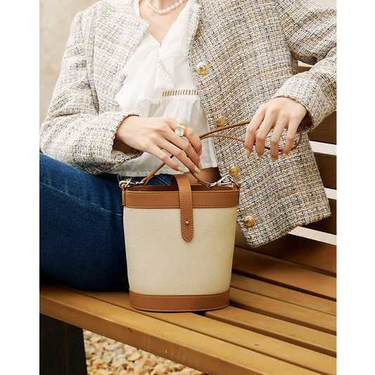 Women's Cowhide Leather Minority Fashion Contrast Color Bucket Bags