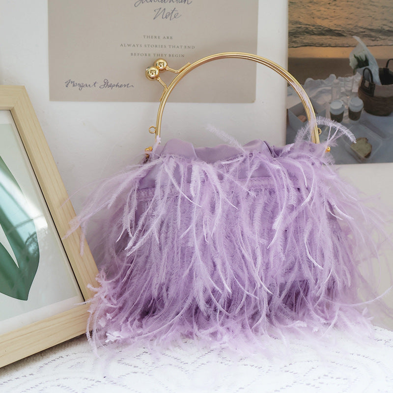 Women's Ostrich Feather Fairy Portable Pearl Chain Bags