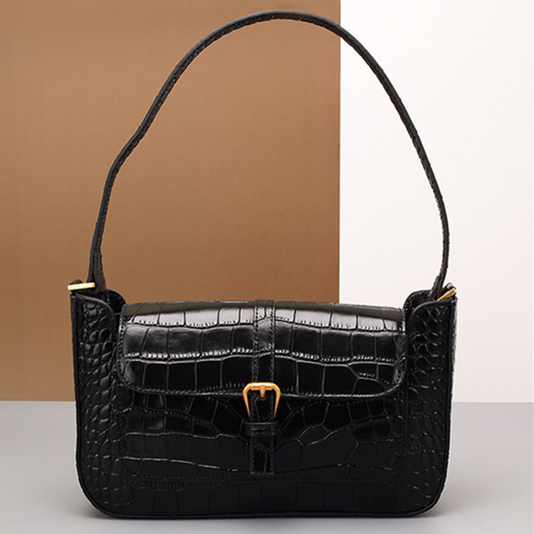 Women's Crocodile Pattern Niche Underarm Baguette Genuine Shoulder Bags