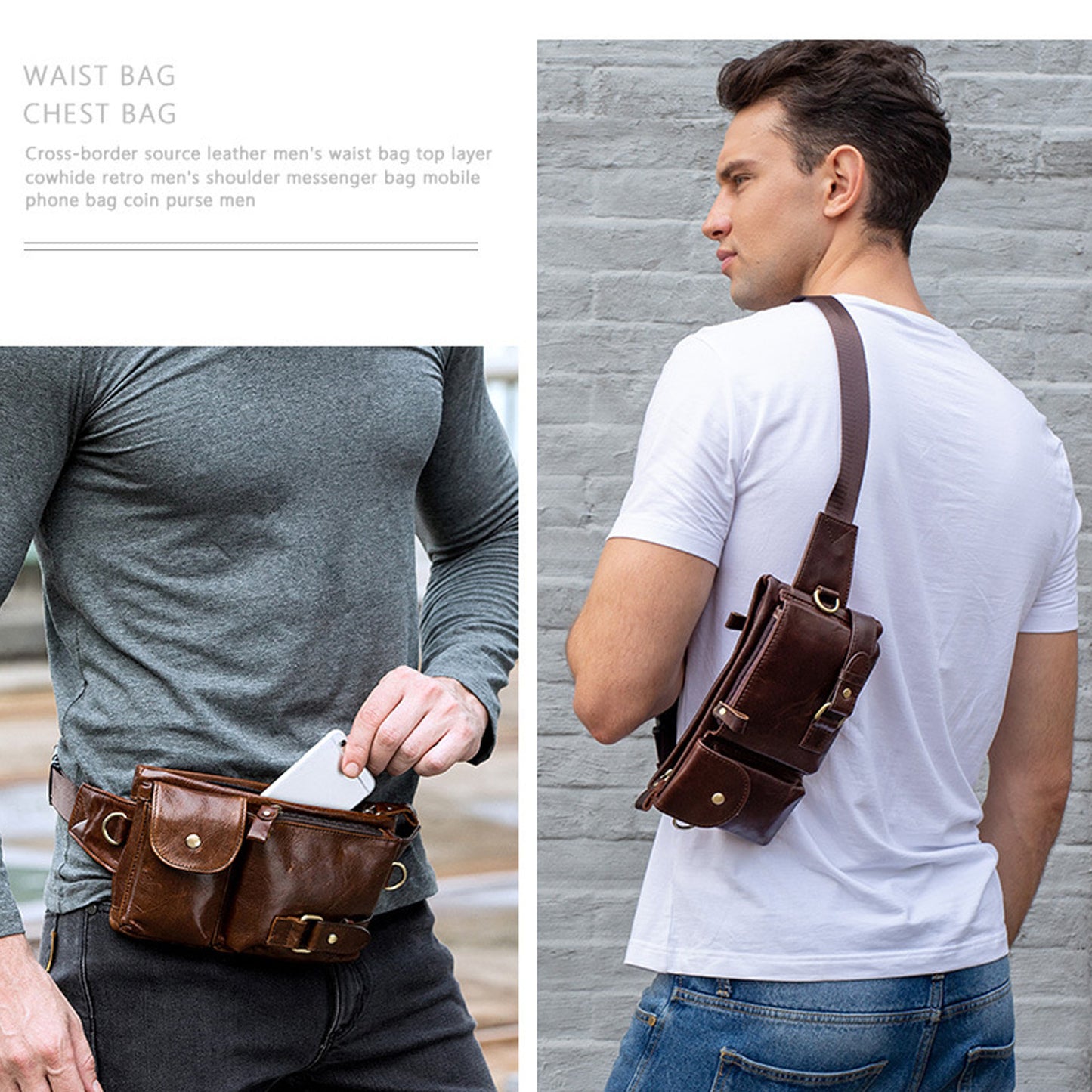 Men's Mobile Leather Retro First Layer Construction Men's Chest Bags
