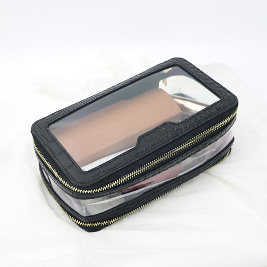 Leather Transparent Waterproof Portable Toiletry Double Cosmetic Bags