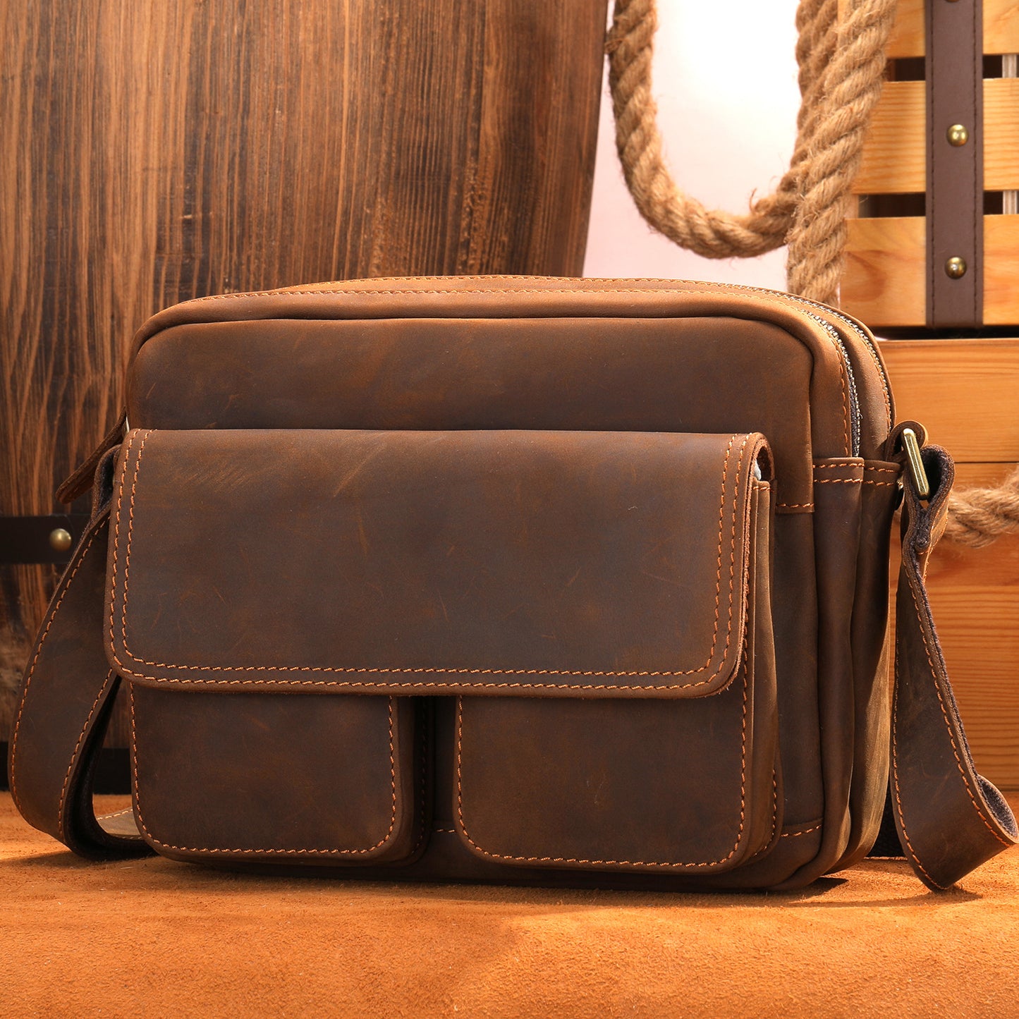 Men's Crazy Horse Leather Retro Large Capacity Top Men's Messenger Bags
