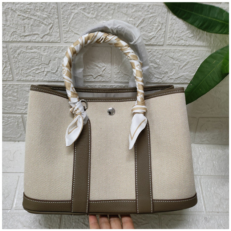 Women's Canvas Portable Garden Stitching Cattle Leather Handbags