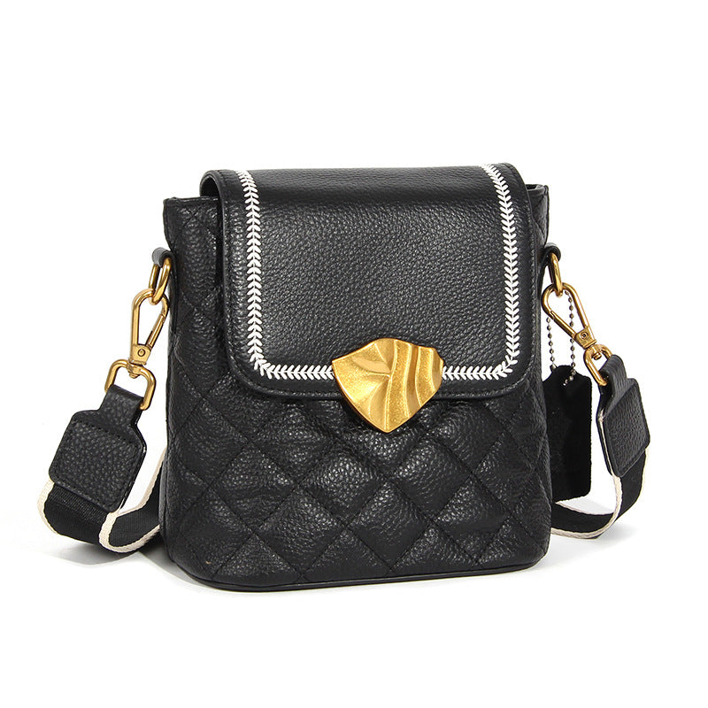 Women's Leather Minority Rhombus Wide Strap Large Shoulder Bags