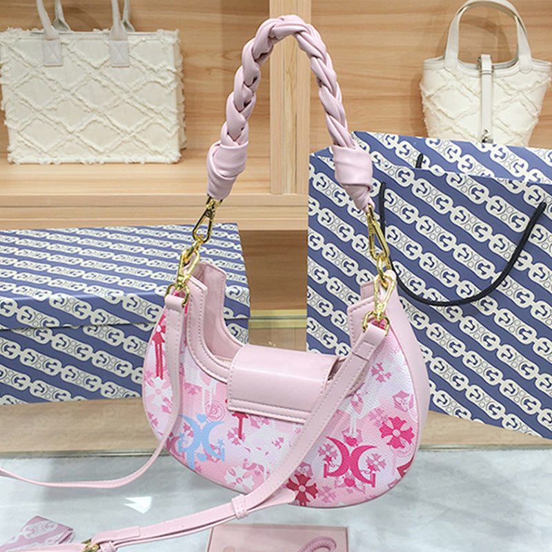 Women's Hand-woven Underarm Fashion Trendy Printed Pink Armpit Bags