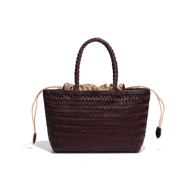 Women's French Food Basket Woven First Layer Cowhide Tote Bags