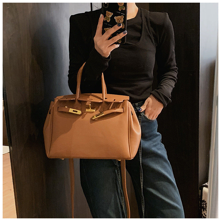 Women's Capacity Lychee Pattern Portable Kelly Fashion Lock