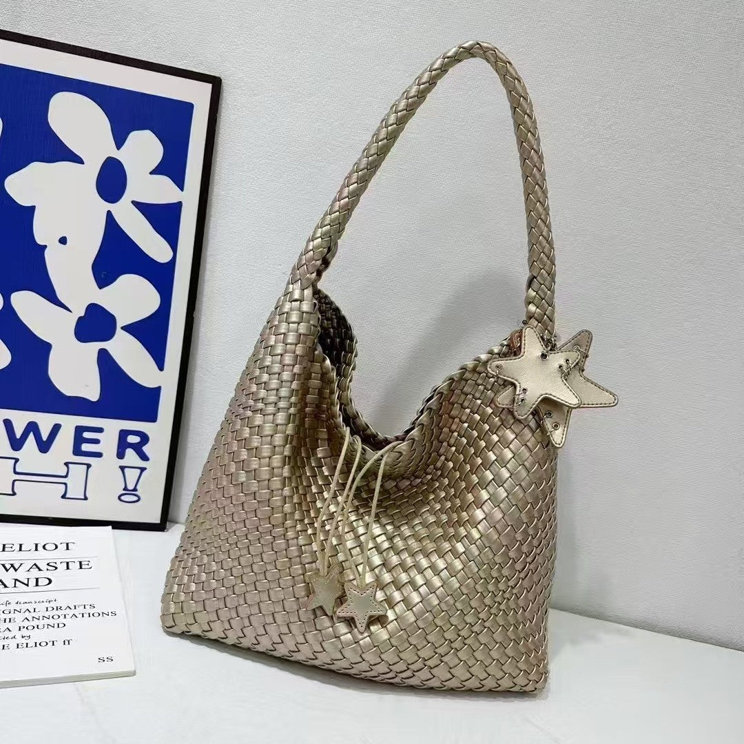 Women's Champagne Cowhide Woven Large Capacity Commuter Tote Bags