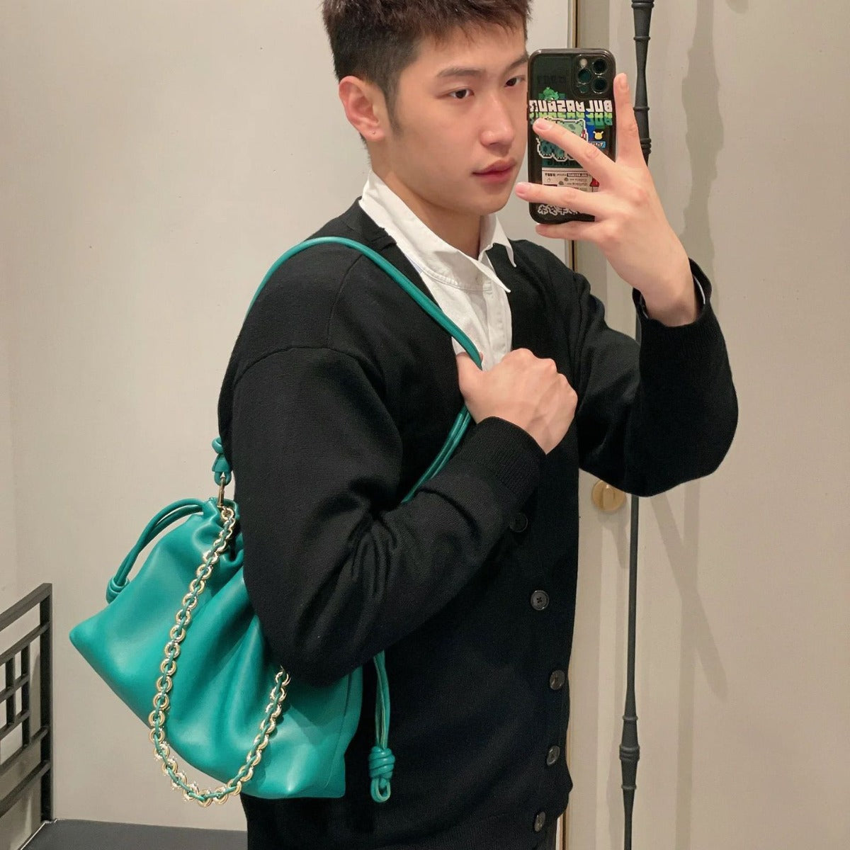 Mi Leather Drawstring Chain Lucky Cloud Bucket Bags