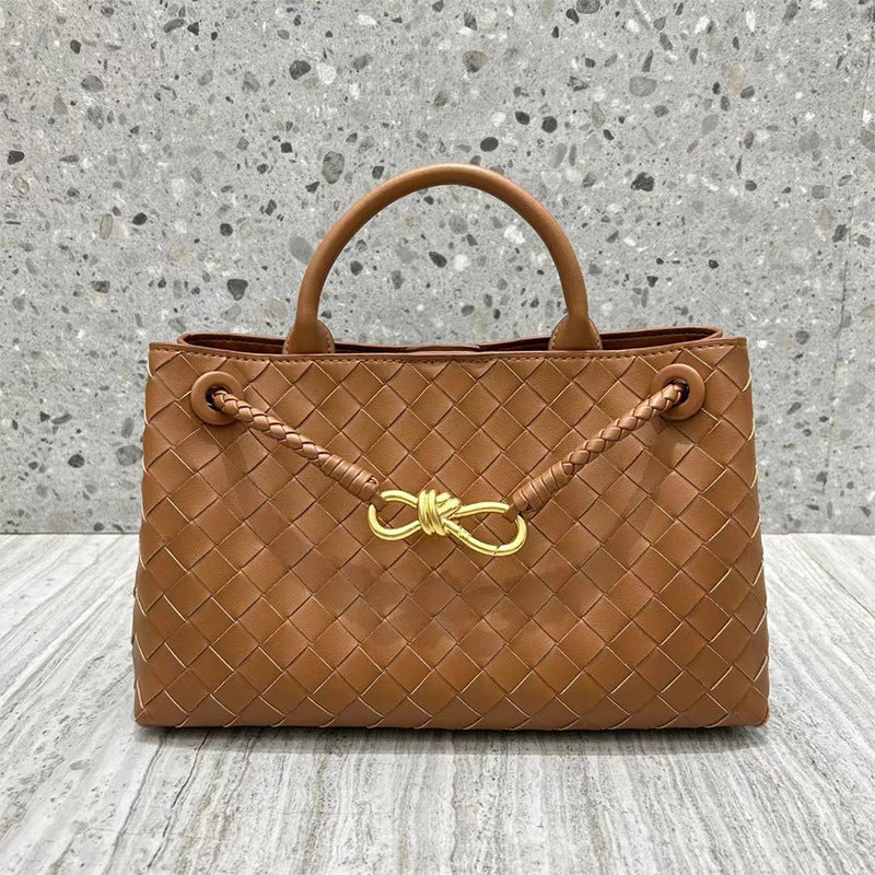 Women's Design Metal Cord Fastener Authentic Leather Weave Portable Bags