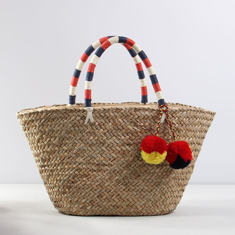 Women's Capacity Straw Fur Ball Woven Vacation Bags