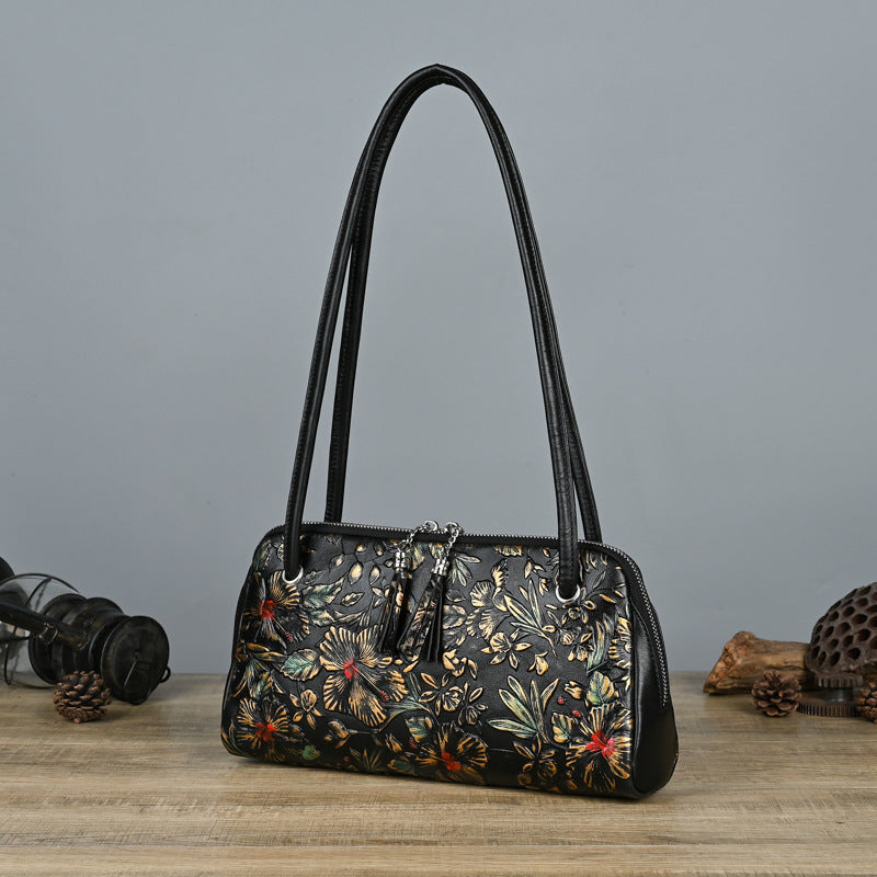 Women's Hand-rub Color Flower For Mom Elders Shoulder Bags