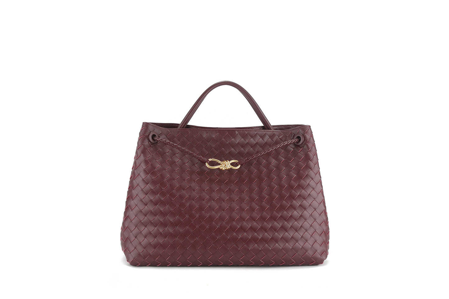 Women's Bow Metal Cord Fastener Woven Genuine Leather Shoulder Bags