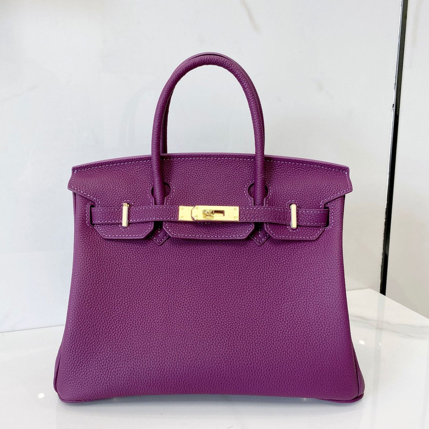 Women's First Layer Cowhide Lychee Pattern Gold Genuine Handbags
