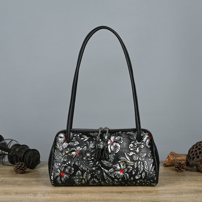 Women's Hand-rub Color Flower For Mom Elders Shoulder Bags