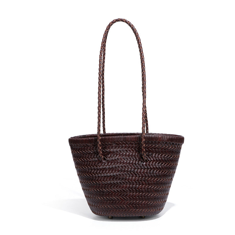 Retro First Layer Cowhide Hand-woven Single Niche Leather Bucket Bags