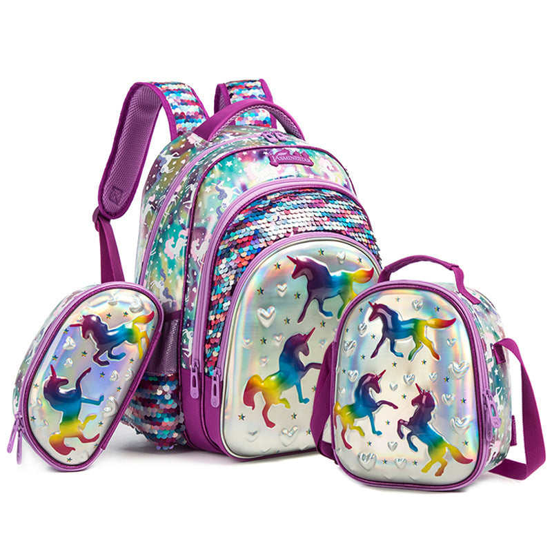 Cute Cartoon Pony Print Sequined Primary Elementary School Students' Schoolbags