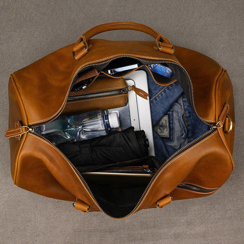 Men's Traveling Crazy Horse Leather With Shoe Position Travel Bags