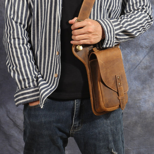 Men's Live Broadcast Genuine Leather Retro Motorcycle Crazy Horse Bags