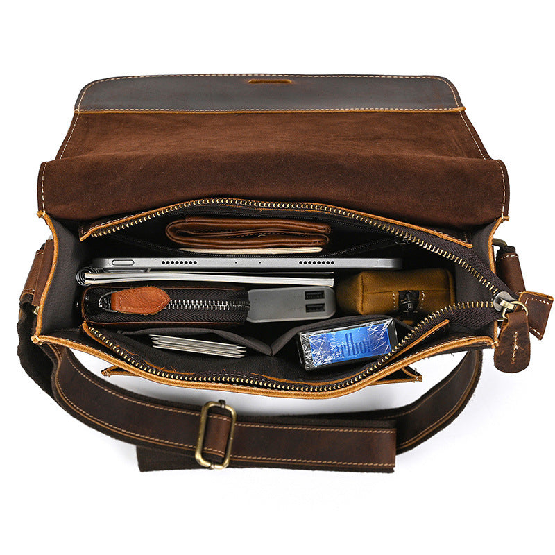 Men's Crazy Horse Leather Vintage Genuine Flap Men's Shoulder Bags