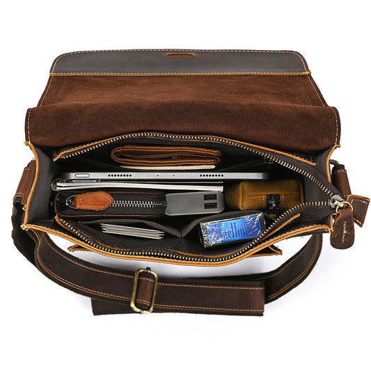 Men's Crazy Horse Leather Vintage Genuine Flap Men's Shoulder Bags