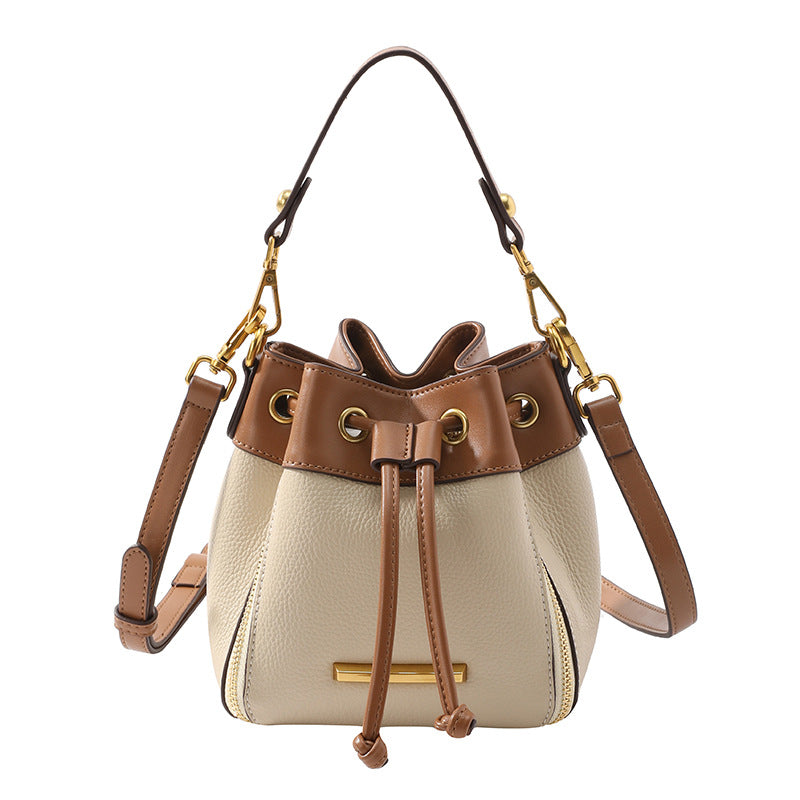 Women's Leather Drawstring Contrast Color Trendy Fashion Shoulder Bags