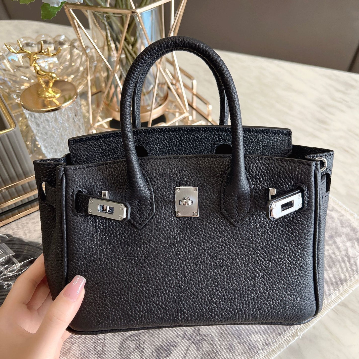 Women's Mini Litchi Pattern First Layer Cowhide Handbags