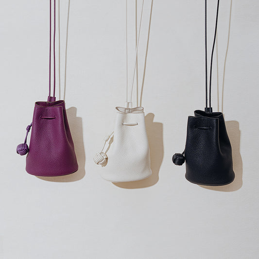 Women's Niche Drawstring Genuine Leather Simple First Bucket Bags