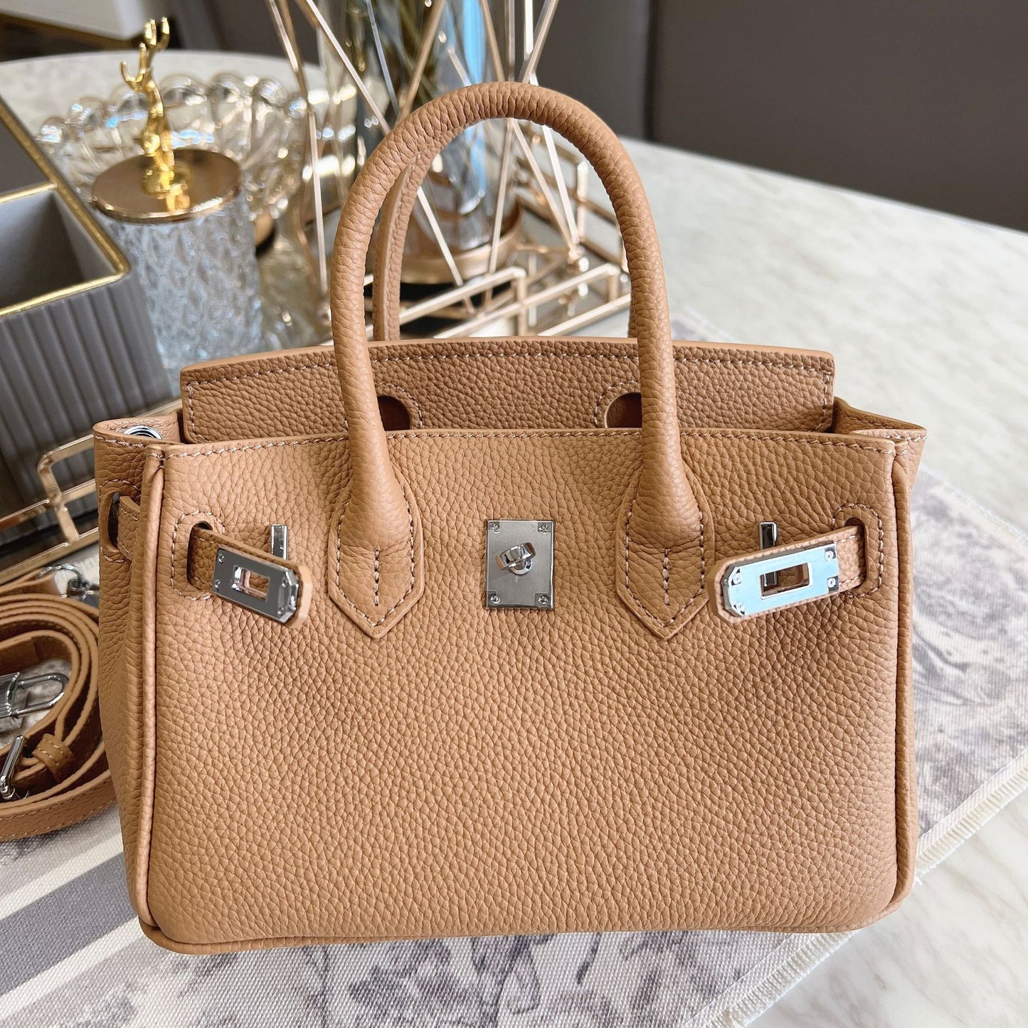 Women's Mini Litchi Pattern First Layer Cowhide Handbags