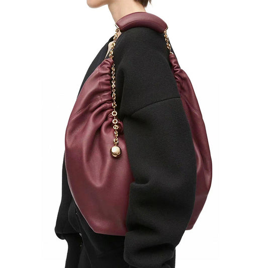 Pleated Soft Cowhide Underarm Chain Genuine Bucket Bags