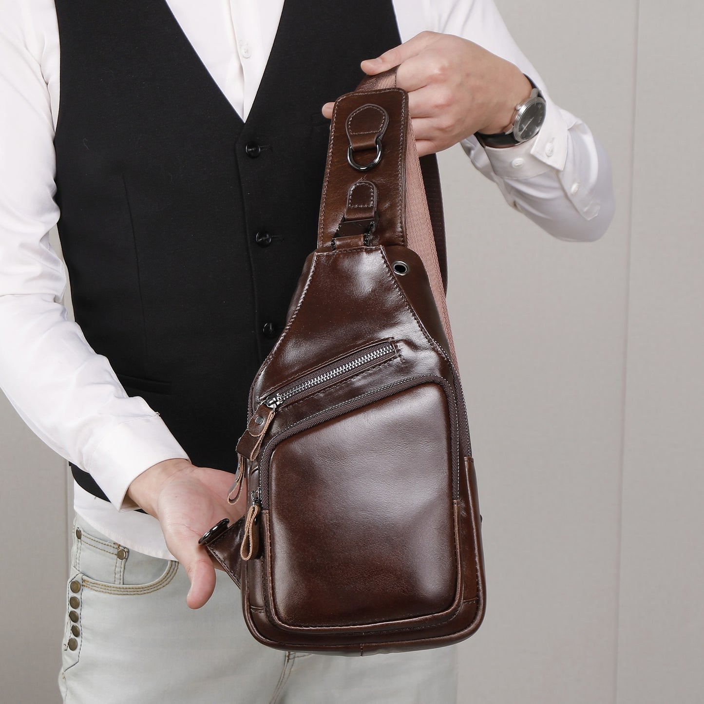 Men's Leather Fashion First Layer Cowhide Korean Men's Chest Bags