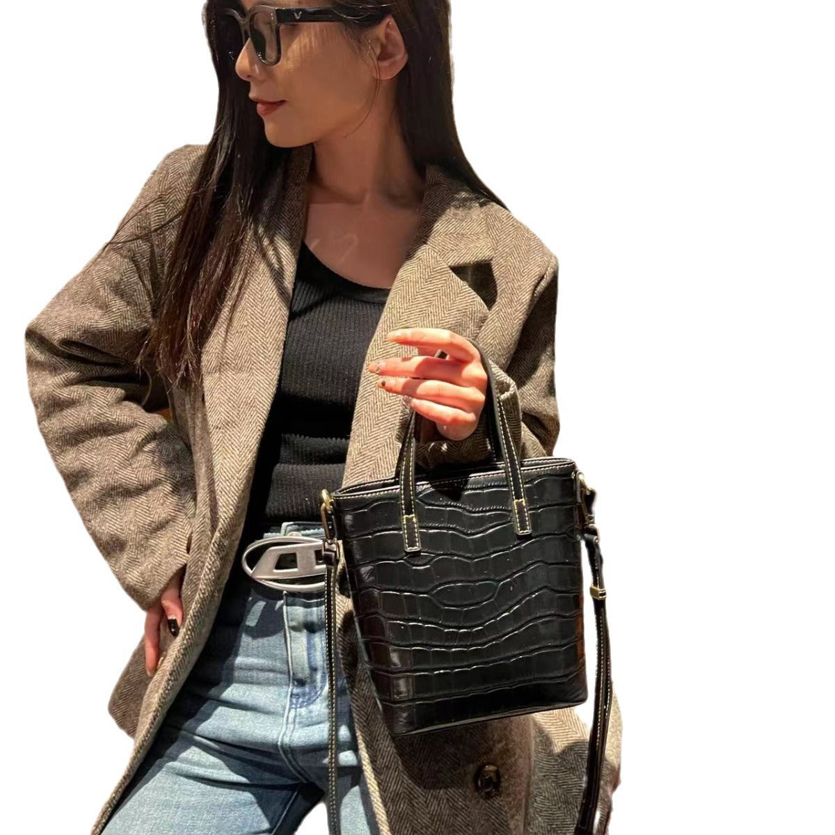 Leather Cowhide Crocodile Pattern Portable Genuine Bucket Bags