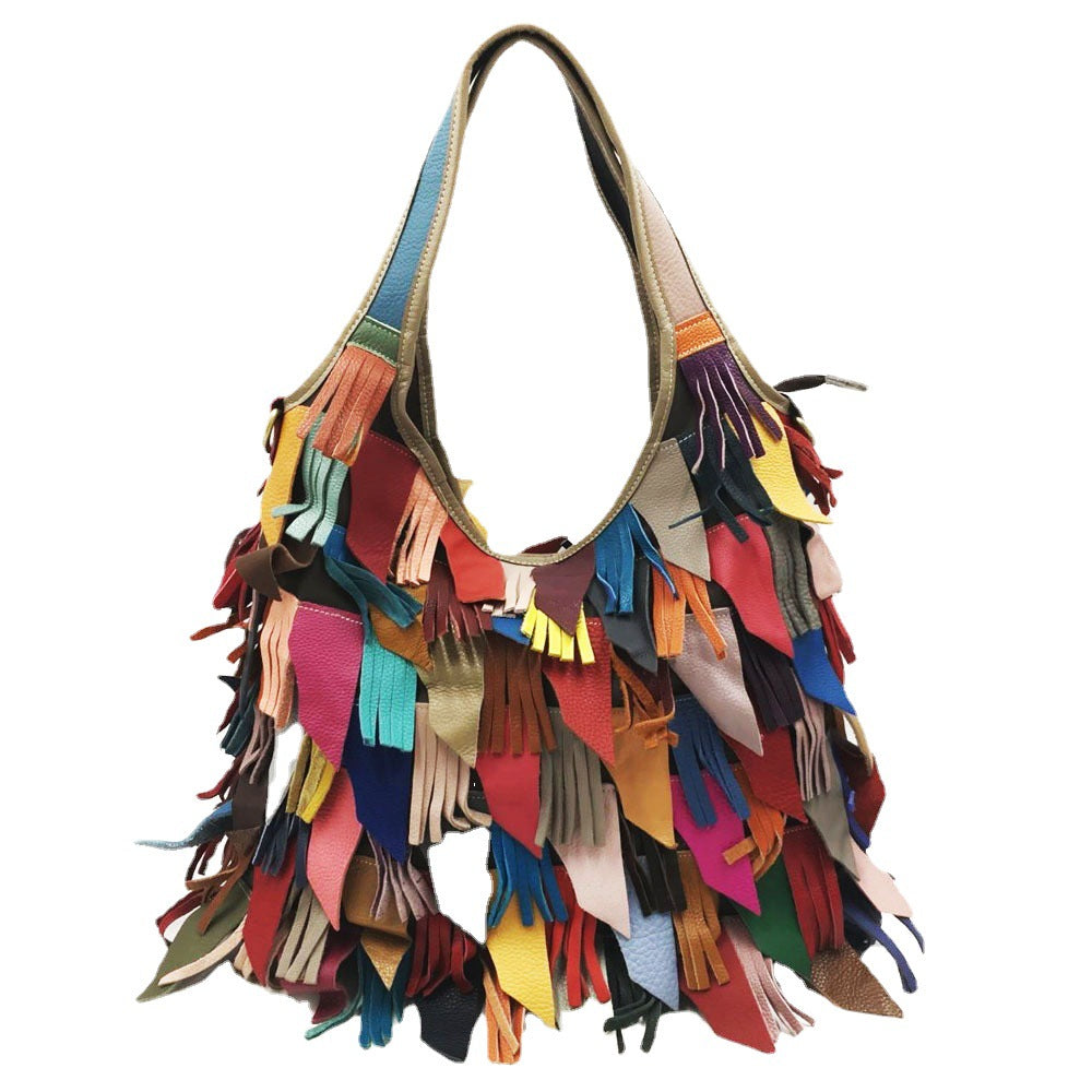 Lady's Genuine Leather Tassel Stitching Colorful Crossbody Bags