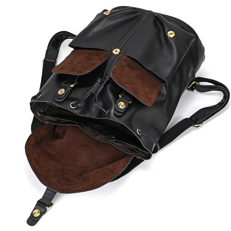 Women's & Men's & Leather Large Capacity Fashion Napa Black Can Backpacks