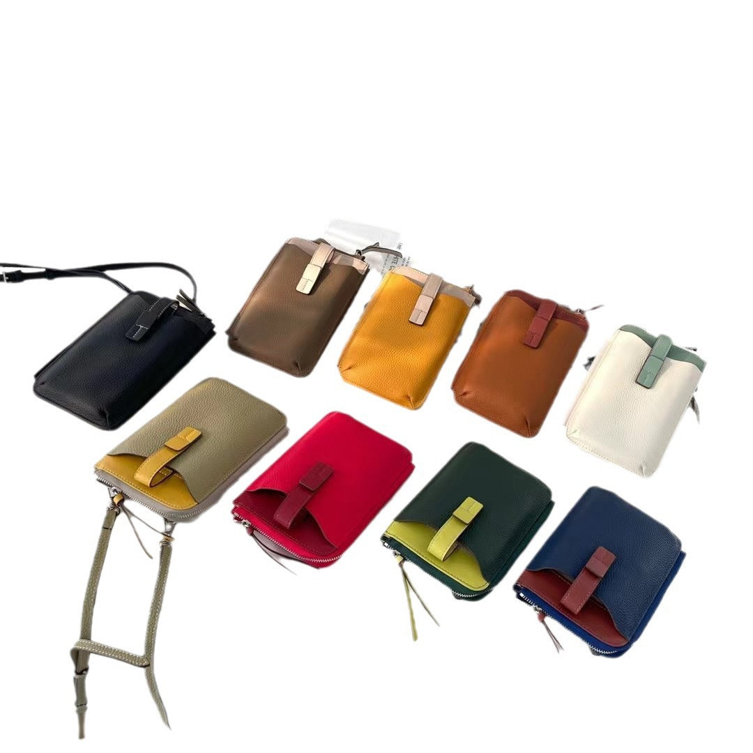 Women's Contrast Color Top Layer Leather Mini Lychee Pattern Phone Bags