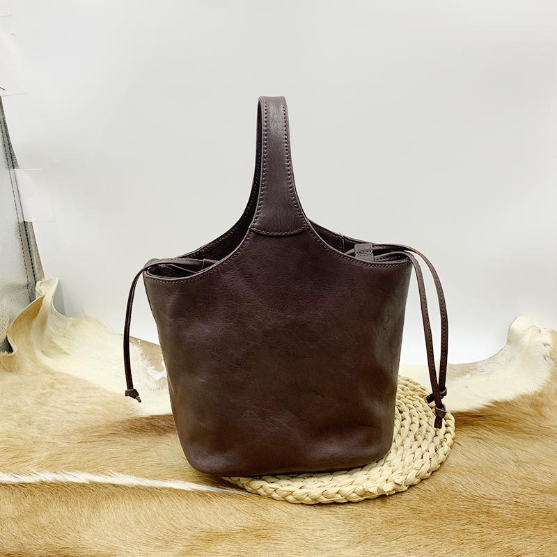 Women's Layer Cowhide Vintage Flower Basket Vegetable Handbags