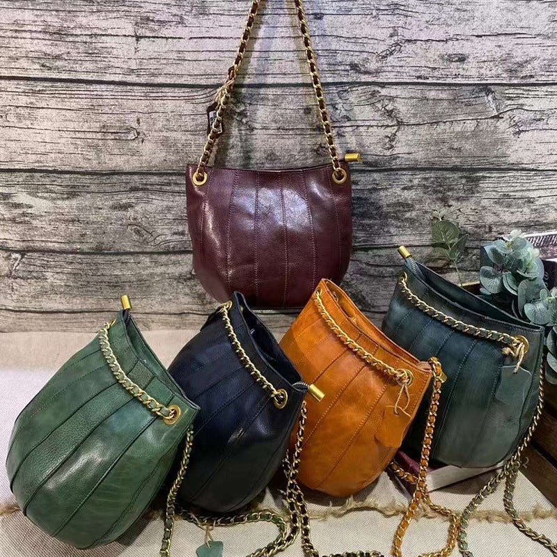 Tanned Handmade First Layer Cowhide Chain Bucket Bags