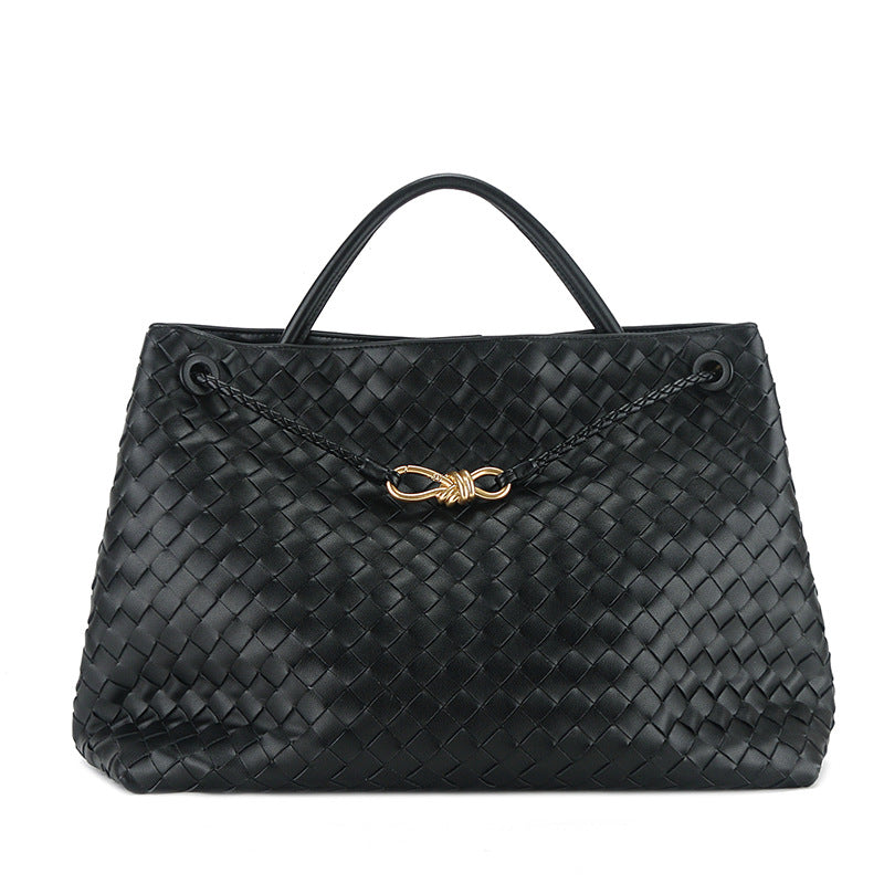 Women's Bow Metal Cord Fastener Woven Genuine Leather Shoulder Bags