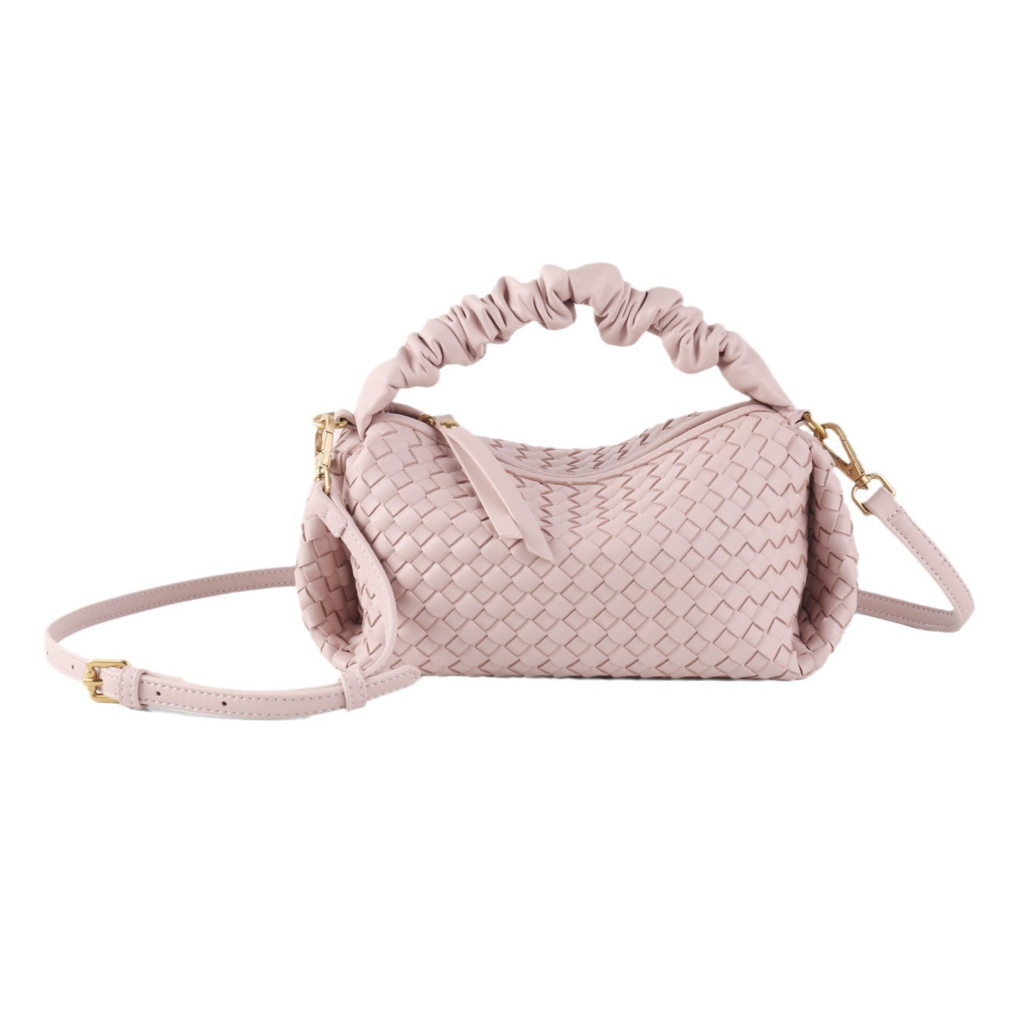 Soft Leather Woven Pleated Wooden Ear Portable Handbags