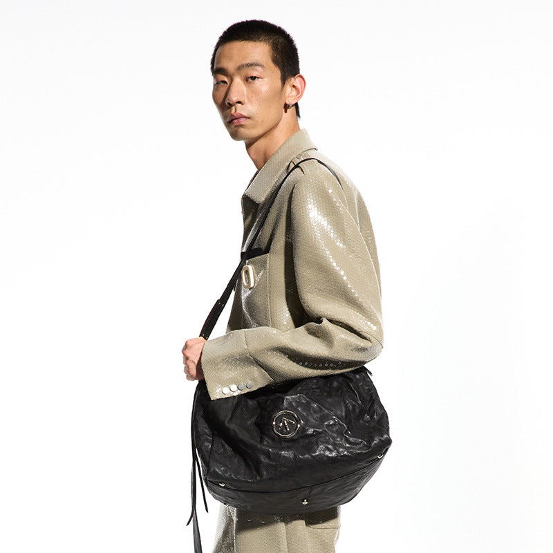 Black Stone Leather Large Capacity One Soft Shoulder Bags