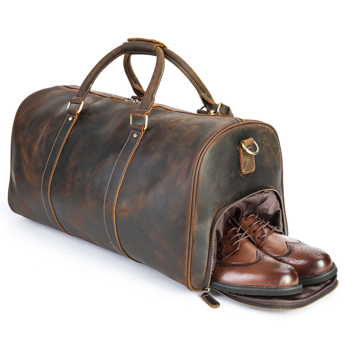 Men's Crazy Horse Leather Large Capacity Independent Shoe Warehouse Travel Bags